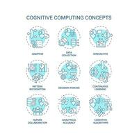 Collection of 2D editable blue thin line icons representing cognitive computing, isolated simple vector, linear illustration. vector