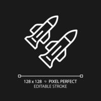 2D pixel perfect editable white missile icon, isolated simple vector, thin line illustration representing weapons. vector