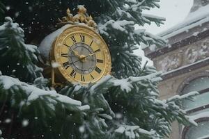 AI generated Vintage clock outdoors in winter. Neural network AI generated photo