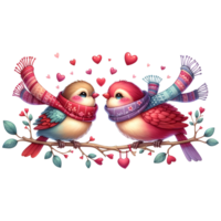 ai genererad en söt par av fåglar i kärlek på en gren med hjärtan hjärtans dag hälsning kort png