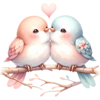 ai genererad en söt par av fåglar i kärlek på en gren med hjärtan hjärtans dag hälsning kort png