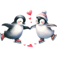 AI generated Two penguins on ice skates in love Valentine's Day themes png