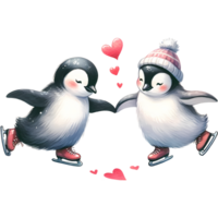 AI generated Two penguins on ice skates in love Valentine's Day themes png