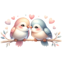 ai generato un' carino coppia di uccelli nel amore su un' ramo con cuori San Valentino giorno saluto carta png