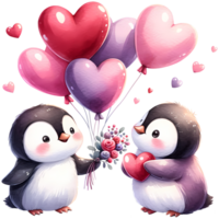 AI generated Valentines day greeting card with cute penguins holding heart-shaped balloons png