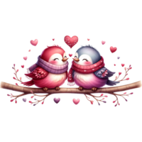 AI generated A cute couple of birds in love on a branch with hearts Valentine's Day greeting card png