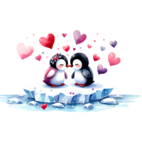 ai genererad två pingviner på is isflak med röd hjärta hjärtans dag teman png
