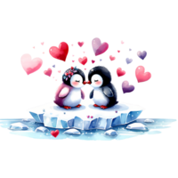 AI generated Two penguins on ice floe with red heart Valentine's Day themes png