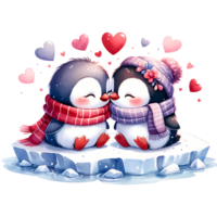 ai generado dos pingüinos en hielo témpano de hielo con rojo corazón San Valentín día temas png