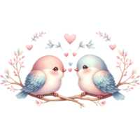 AI generated A cute couple of birds in love on a branch with hearts Valentine's Day greeting card png