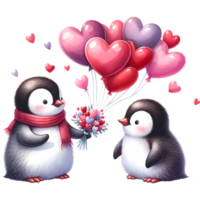 AI generated Valentines day greeting card with cute penguins holding heart-shaped balloons png