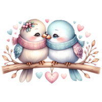 AI generated A cute couple of birds in love on a branch with hearts Valentine's Day greeting card png