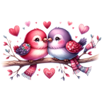 ai generado un linda Pareja de aves en amor en un rama con corazones San Valentín día saludo tarjeta png