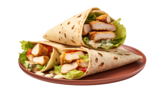 AI generated Chicken Caesar Wrap on a White Plate On Transparent Background. png