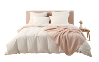 AI generated Coordinated Bed Linens and Pillows on a Made Bed On Transparent Background. png