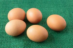 Fresh raw group of eggs put on green sack photo