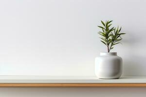 AI generated Wooden shelf with a green plant in a white pot against a white wall. Generated by artificial intelligence photo