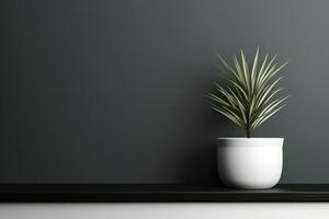 AI generated Palm plant in a white pot on a black shelf. Modern interior. Generated by artificial intelligence photo