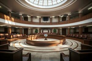 AI generated Round empty courtroom with marble floor and wooden chairs. Generated by artificial intelligence photo