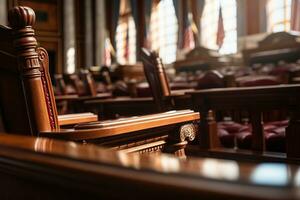 AI generated Courtroom with beautiful wooden seats. Law and law concept. Generated by artificial intelligence photo