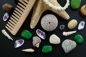 Background with different shells and sea five-pointed stars photo