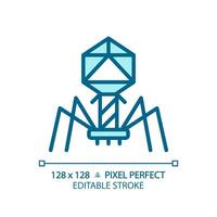 2D pixel perfect editable blue bacteriophage icon, isolated monochromatic vector, thin line illustration representing bacteria. vector