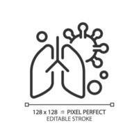 2D pixel perfect editable black lung with virus icon, isolated vector, simple thin line illustration representing bacteria. vector