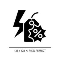 2d píxel Perfecto glifo estilo destello rebaja icono, aislado negro vector, silueta ilustración representando descuentos vector