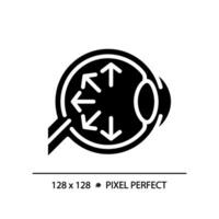 2D pixel perfect glyph style eyeball with arrow symbols icon, isolated simple vector, silhouette illustration representing eye care. vector