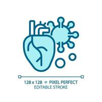 2D pixel perfect editable blue heart with virus icon, isolated monochromatic vector, thin line illustration representing bacteria. vector