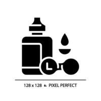 2D pixel perfect glyph style contact lens solution icon, isolated simple vector, silhouette illustration representing eye care. vector