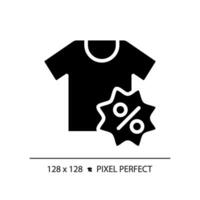 2D pixel perfect glyph style clothing discount icon, isolated black vector, silhouette illustration representing discounts. vector