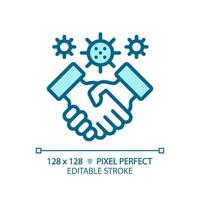 2D pixel perfect editable blue handshake with virus icon, isolated monochromatic vector, thin line illustration representing bacteria. vector