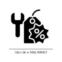 2d píxel Perfecto glifo estilo herramientas descuento icono, aislado negro vector, silueta ilustración representando descuentos vector