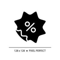 2D pixel perfect glyph style discount percentage icon, isolated black vector, silhouette illustration representing discounts. vector