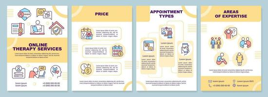 2D yellow online therapy brochure template, leaflet design with thin linear icons, 4 vector layouts.