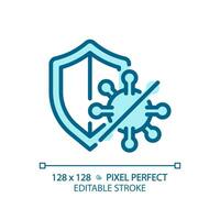 2D pixel perfect editable blue virus with shield icon, isolated monochromatic vector, thin line illustration representing bacteria. vector