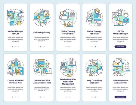 2D icons representing online therapy mobile app screen set. Walkthrough 5 steps multicolor graphic instructions with thin line icons concept, UI, UX, GUI template. vector