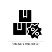 2D pixel perfect glyph style tags with percentage icon, isolated black vector, silhouette illustration representing discounts. vector