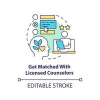 2D editable get matched with licensed counselors thin line icon concept, isolated vector, multicolor illustration representing online therapy. vector
