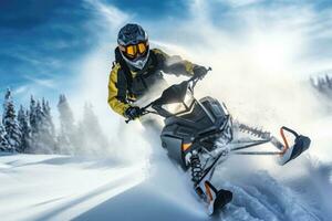 AI generated Fun ride on a snowmobile in deep snow. Outdoor sports activity during winter vacation photo