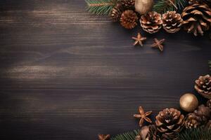 AI generated Christmas decoration with pine cones. Christmas background with space for text. photo