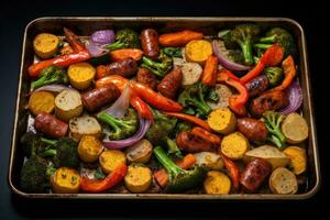 AI generated Baked sausage with vegetables on a baking sheet photo