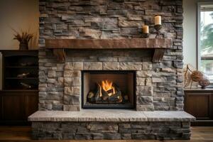 AI generated A large stone fireplace with blazing flames photo