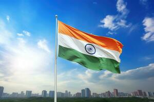 AI generated Indian flag waving on blue sky background in city photo