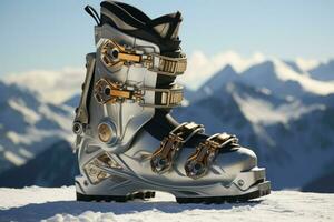 AI generated Side view of modern ski boot on mountain background photo