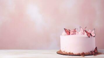 AI generated Butterfly-Adorned Cake on a Romantic Setting, Suitable for Celebrations, Against a pink Background. Banner with copy space. photo