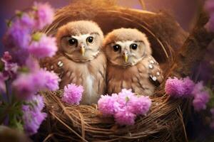 AI generated Adorable little owl chicks in nest with pink flowers. Cute birds. Ideal for background, greeting cards, childrens books, banners, posters photo