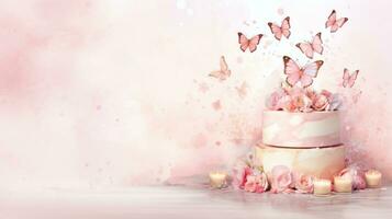 AI generated Aquarelle illustration of cake with butterflies and flowers on pastel peach pink background. Art for special occasions. Great for social media posts or event invitations. Banner photo
