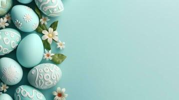 AI generated Frame background with Easter painted Eggs with flowers on turquoise blue gradient background. Banner with copy space. Ideal for Easter promotion, spring event, holiday greeting photo